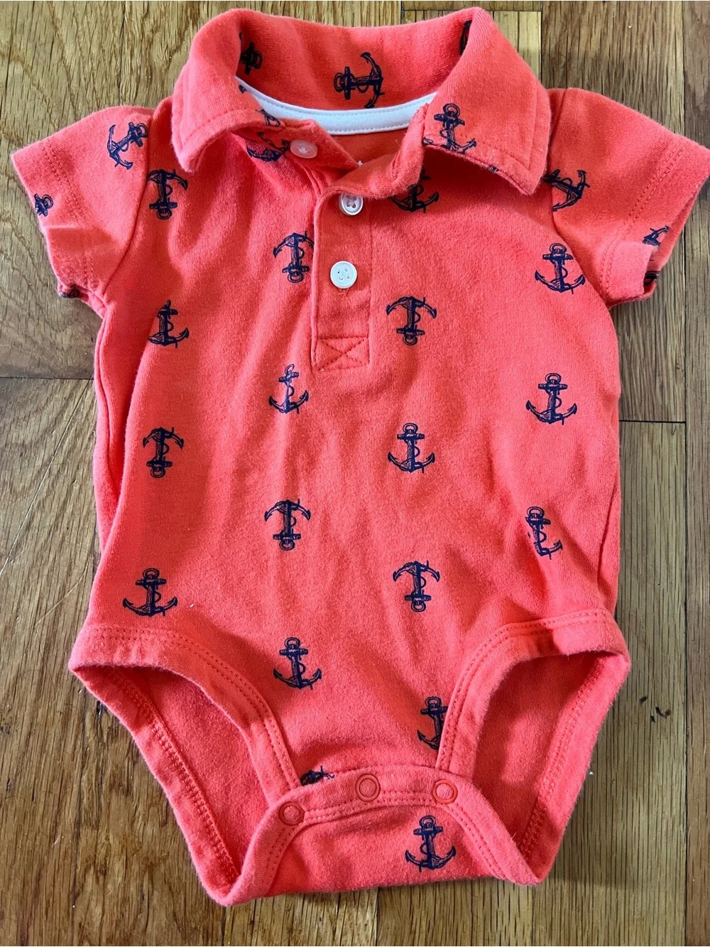 Carter's Coral Polo Bodysuit with Navy Anchors Nautical Beach Vacation 3M